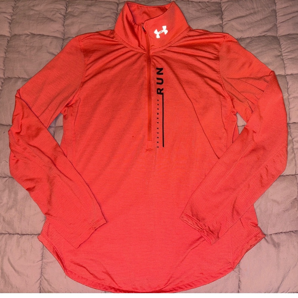 Under Armour Womens Orange Longsleeve 1/4 Zip HeatGear Run Shirt Fitted Size M